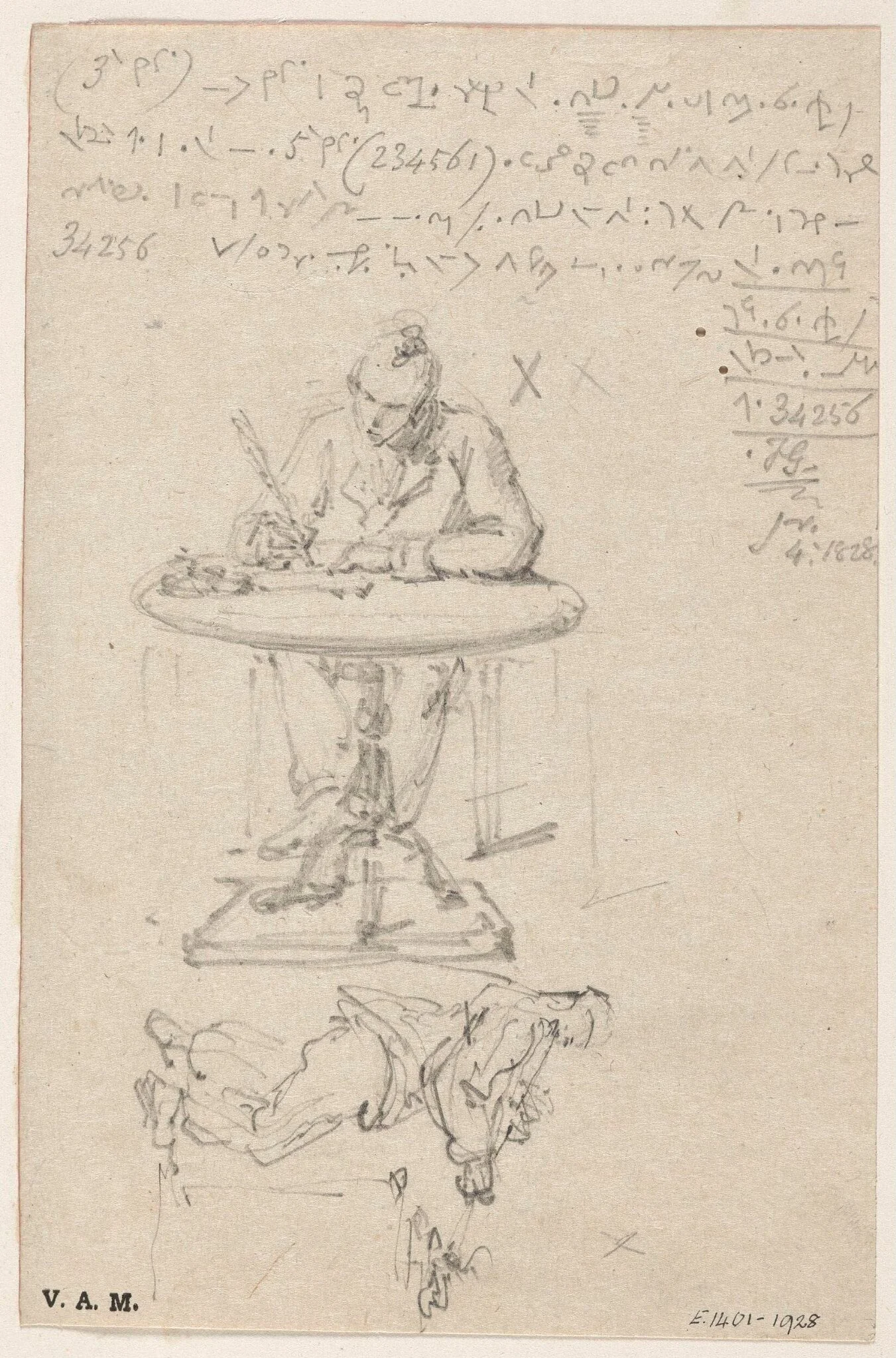 Sketches of a figure writing at a pedestal table, and a figure lighting a pipe, detail
