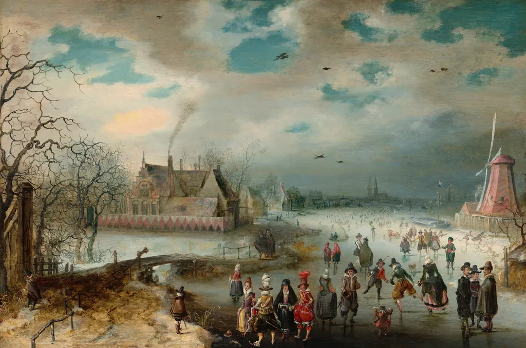 Skating on the Frozen Amstel River, by Adam van Breen, oil, 1611