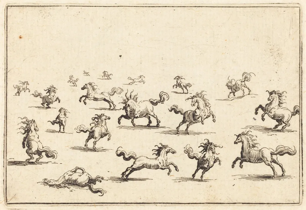 Horses Running, by Jacques Callot, ink, 1622