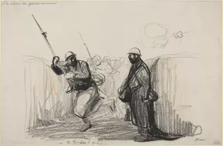 Le retour du permissionnaire.  -Tu Tombes a pie!, by Jean-Louis Forain, ink, 1916