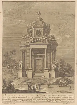 The Prima Macchina for the Chinea of 1782: The Temple of Janus Built by Numa Pompilius, by Francesco Barbazza, ink, 1782
