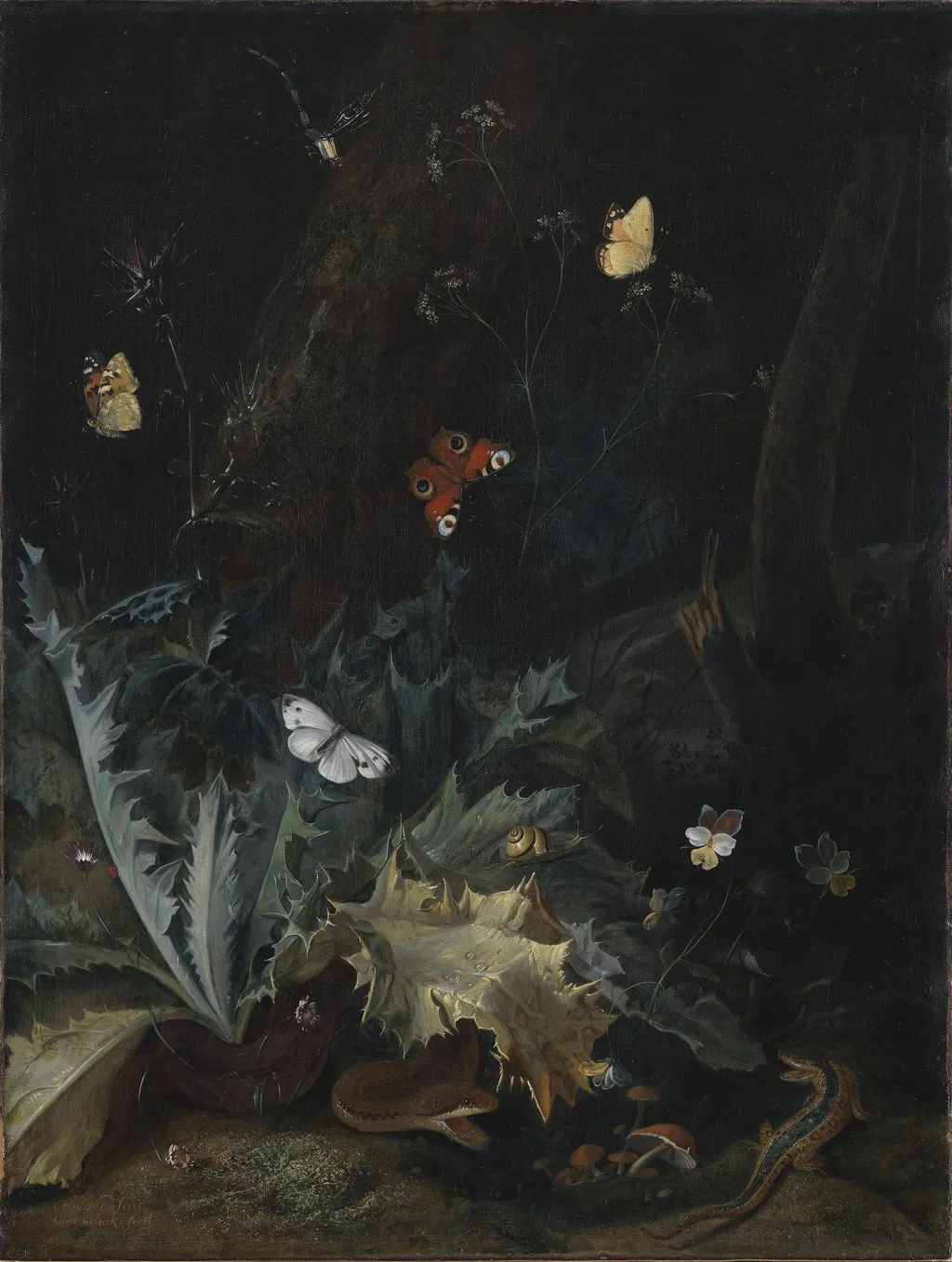 A Forest Floor with a Thistle, a Snake, a Lizard and Butterflies, by Otto Marseus van Schrieck, oil, 1656