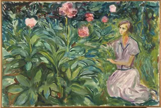 Woman with Peonies, by Edvard Munch, oil, 1926