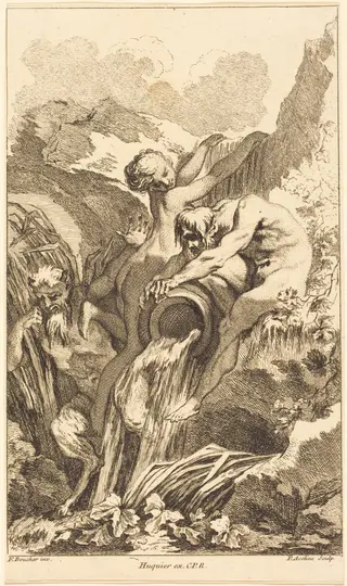 Satyr, Nymph and River God, by Pierre-Alexandre Aveline, ink, 1736