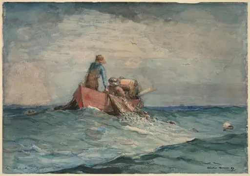 Hauling in the Nets, by Winslow Homer, graphite, 1887