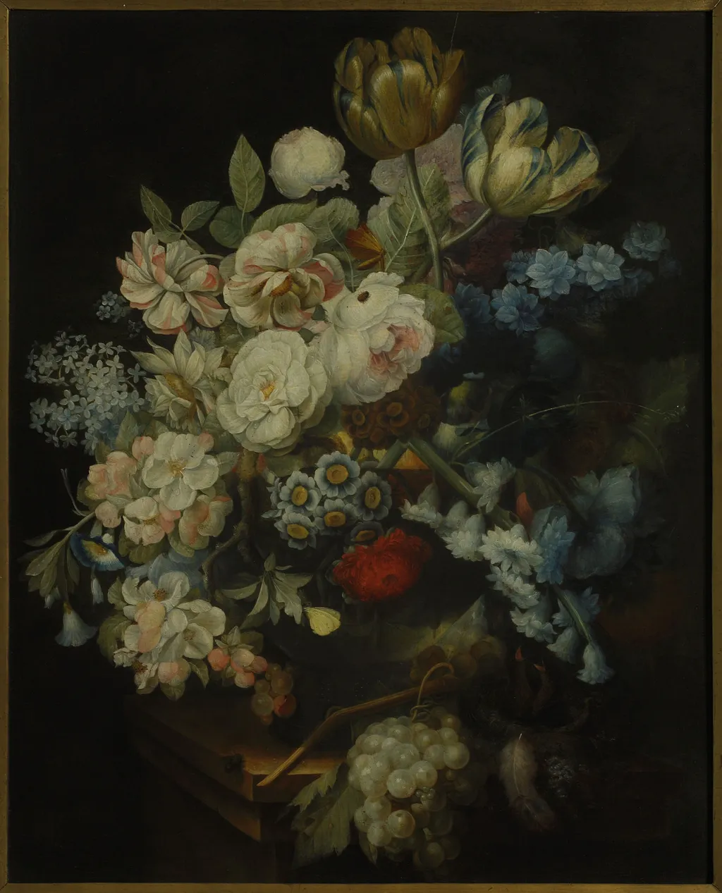 Flowers in a vase and a bunch of grapes, by Georges Frédéric Ziesel, oil, 1792
