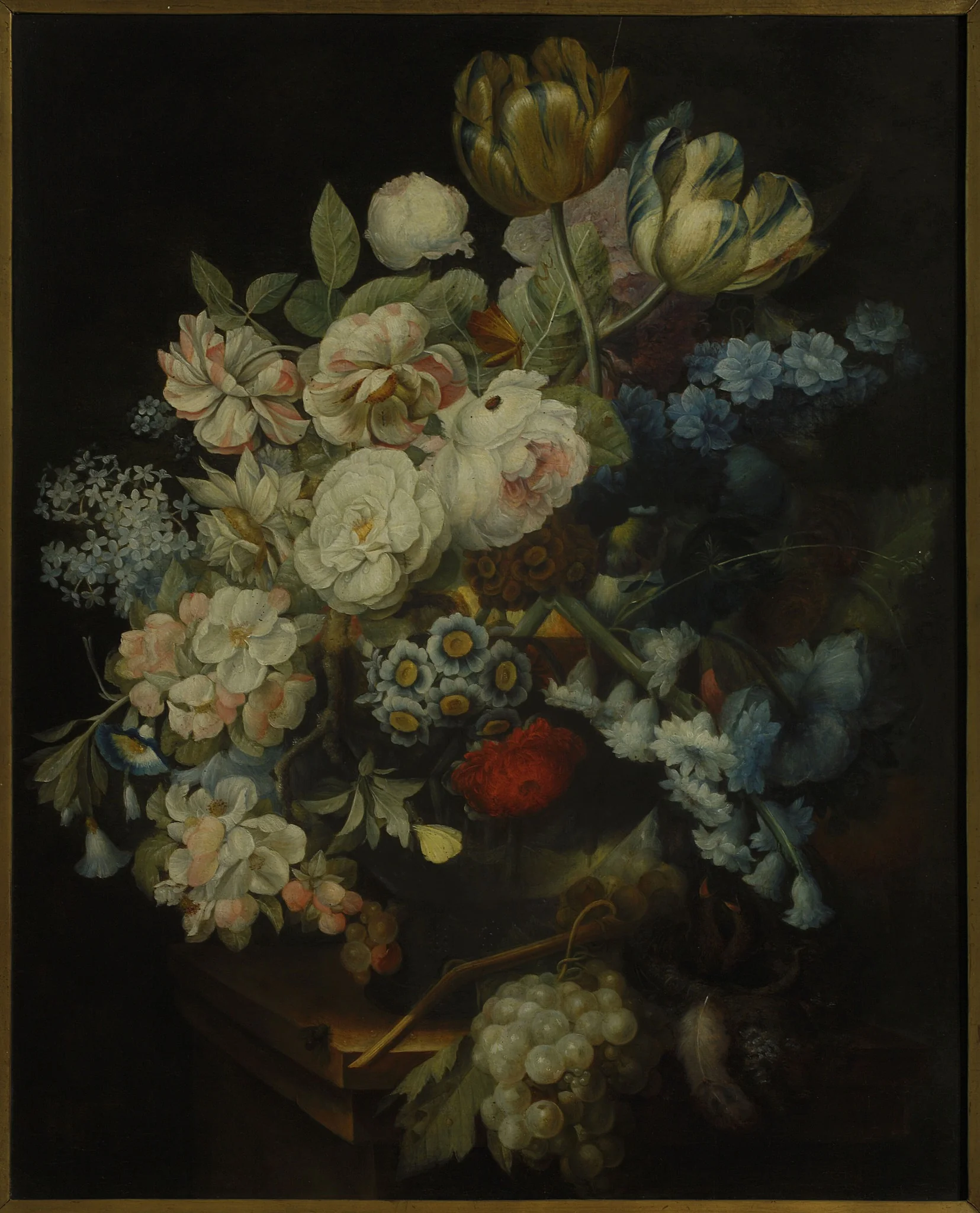 Flowers in a vase and a bunch of grapes, detail