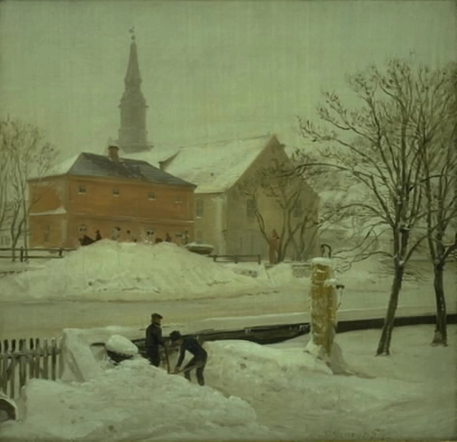 Udsigt fra kunstnerens bolig i Løweners ejendom på Christianshavn. Vinterdag med sne, detail