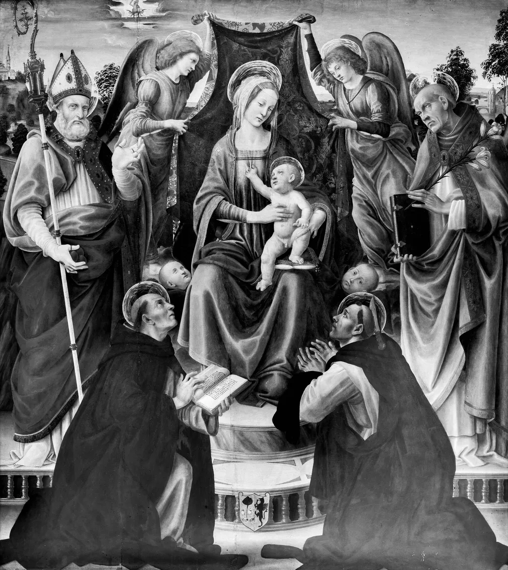 Mary enthroned with the child and four saints, by Raffaellino del Garbo, paint