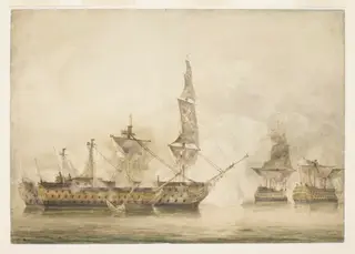 His Majesty's ship "Victory", Capt. E. Harvey, in the memorable battle of Trafalgar, between two French ships of the line, by John Constable, watercolor, 1806