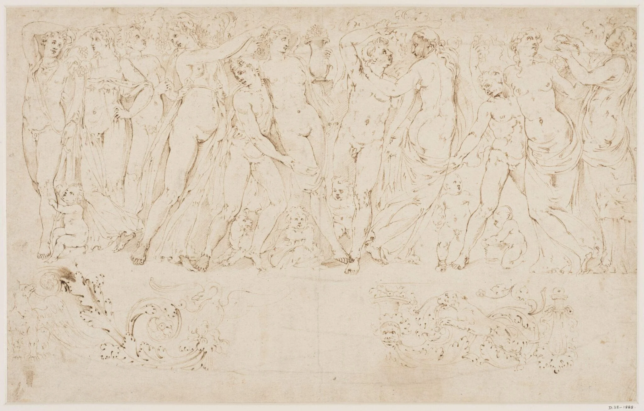 A Bacchic frieze; below, two studies of classical ornament, detail
