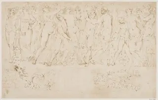 A Bacchic frieze; below, two studies of classical ornament, by Giovanni Battista Franco, 1520