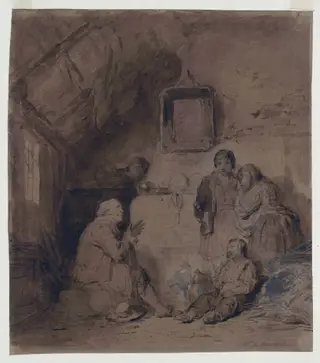 A Poor Family Lamenting Their Situation in Their Humble Home, by Ferdinand the elder de Braekeleer, paint, 1850