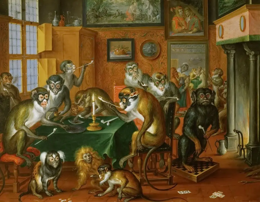 Tabakskollegium with monkeys, by Abraham Teniers, oil, 1650
