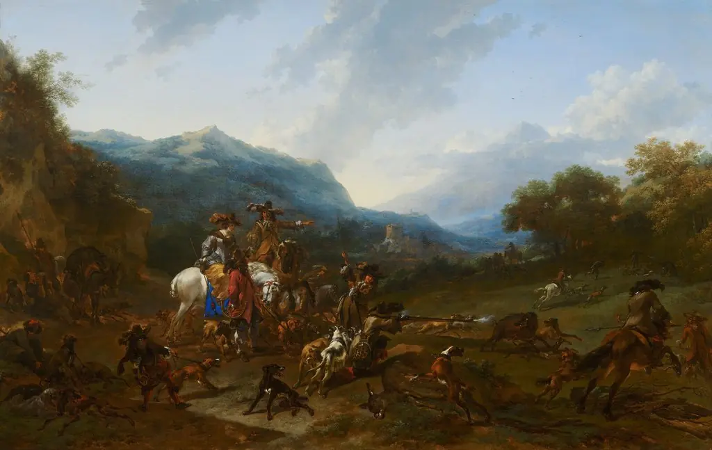 Wild boar hunt, by Nicolaes Pieterszoon Berchem, oil, 1659