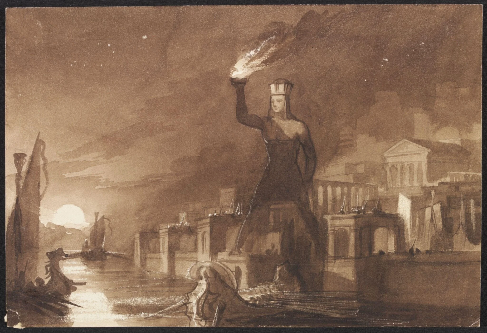 A Capriccio: Harbour scene with the Colossus of Rhodes, detail