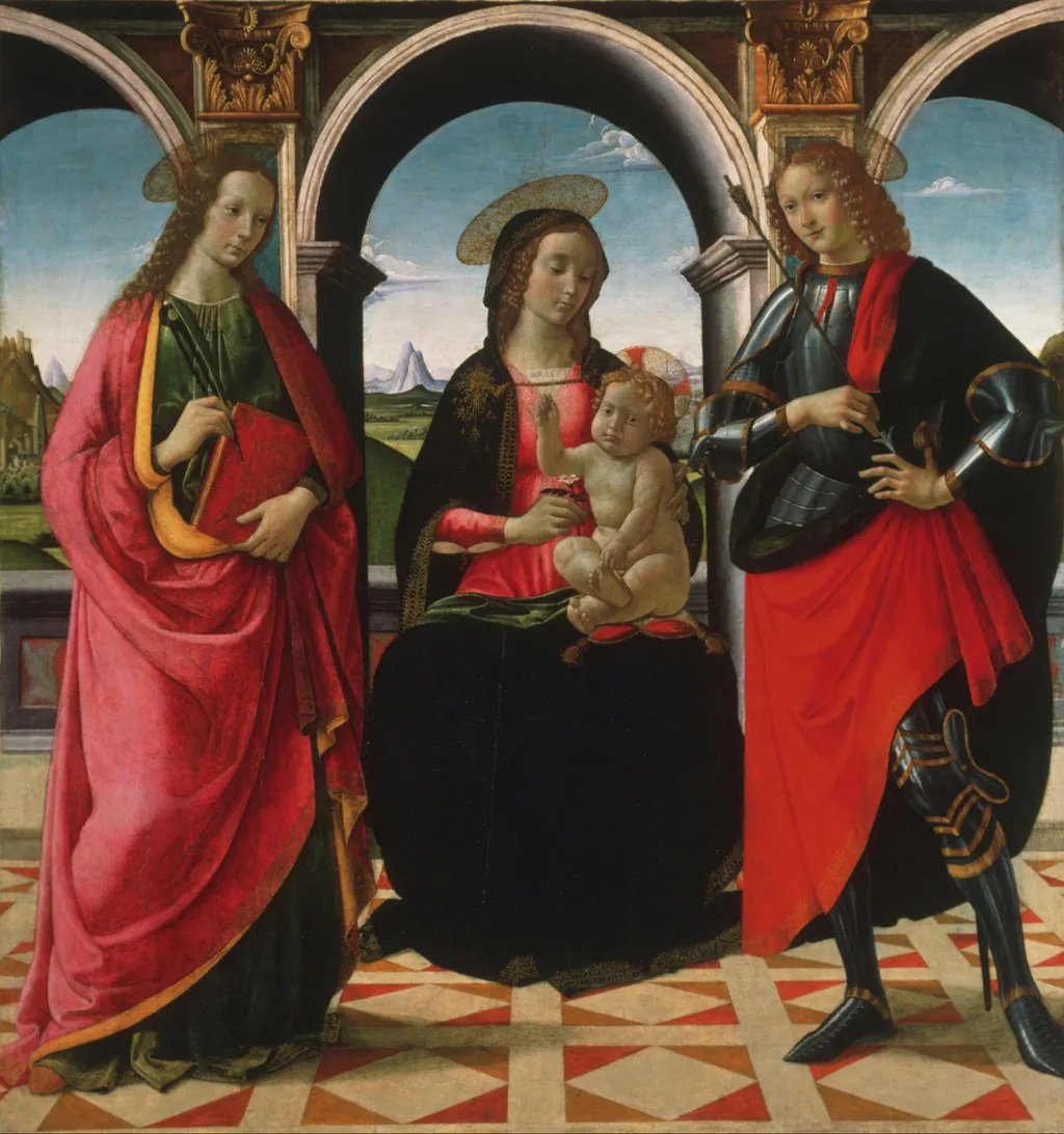 Virgin and Child, with Saints Apollonia and Sebastian, by Davide Ghirlandaio, tempera, 1496
