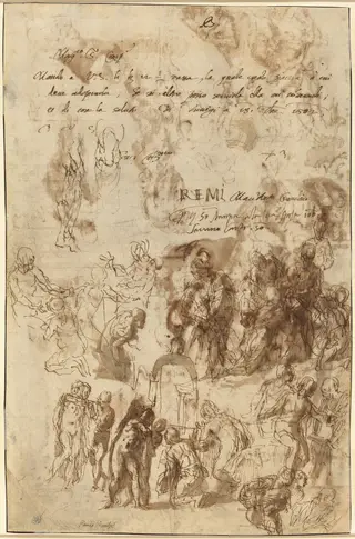 Studies for the Raising of Lazarus and Other Compositions [verso], by Veronese, ink, 1582