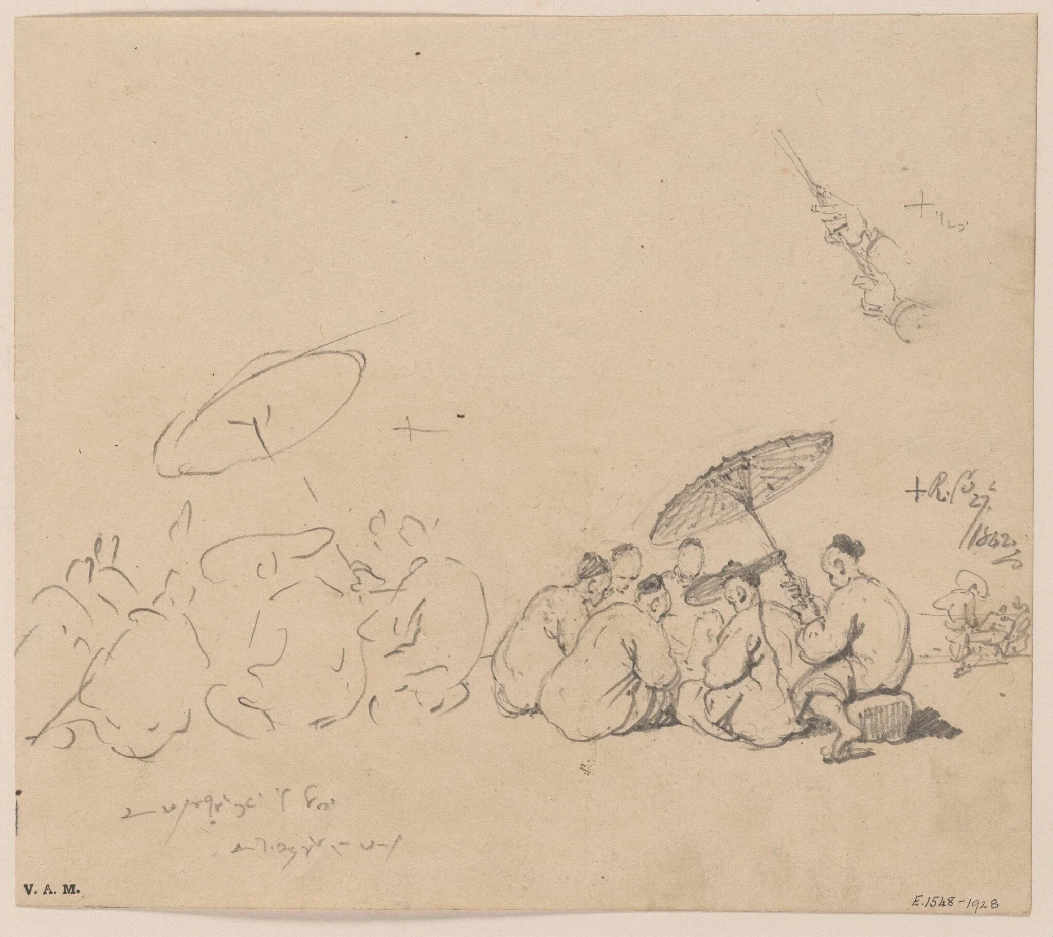 Two drawings of a group of Chinese figures, detail