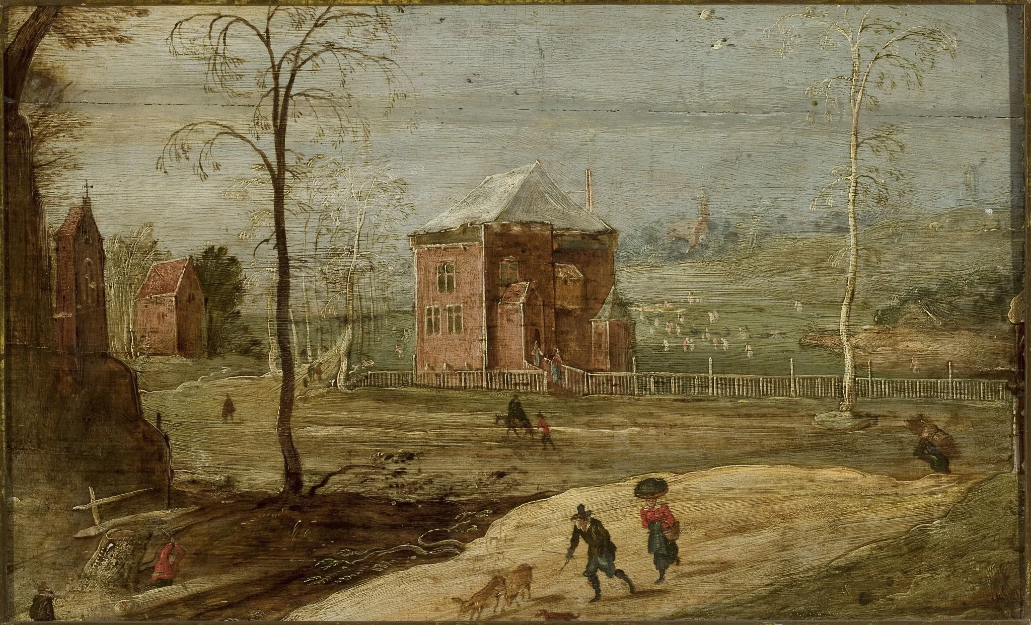Winter landscape in the countryside with a building, detail