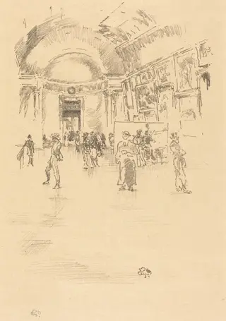 The Long Gallery, Louvre, by James McNeill Whistler, ink, 1894