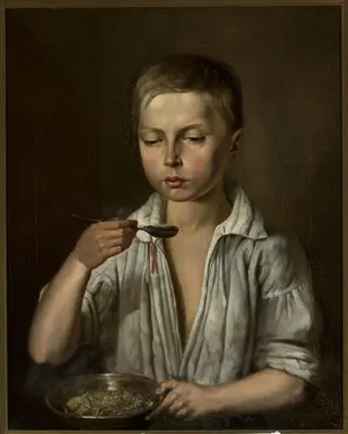 Boy at breakfast, by Józef Simmler, oil, 1856