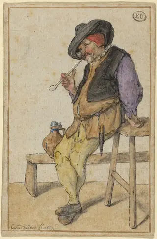 Peasant Smoking, by Cornelis Dusart, ink, 1689