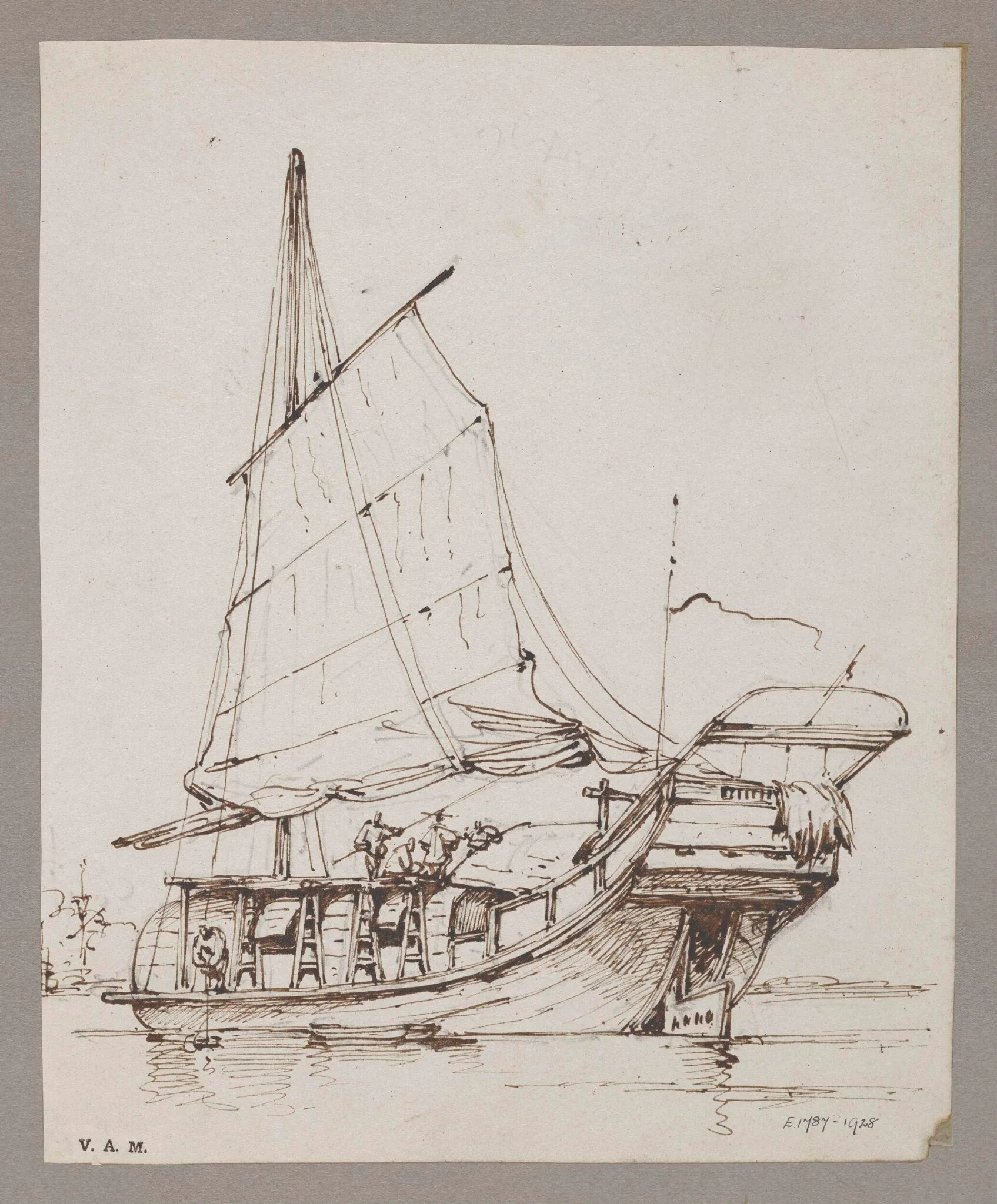 A Chinese junk with sail set, detail