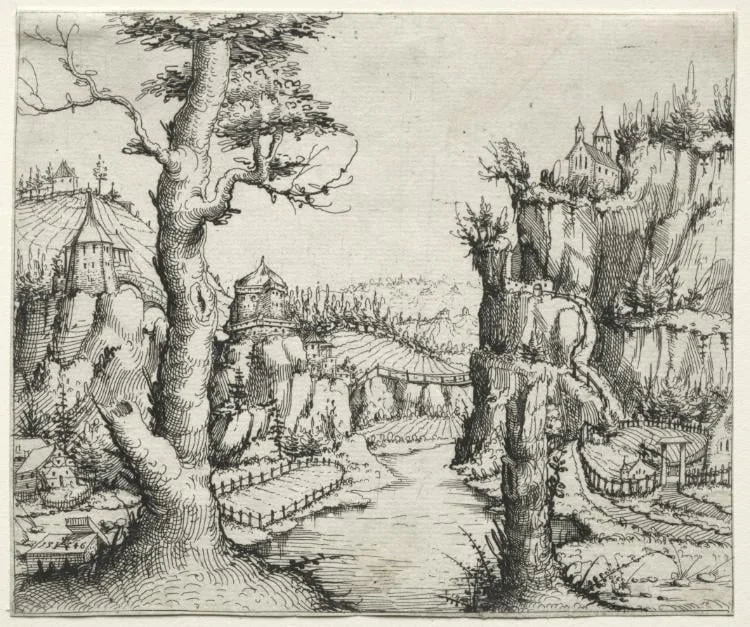 River Landscape with Rocks at Left and Right, detail
