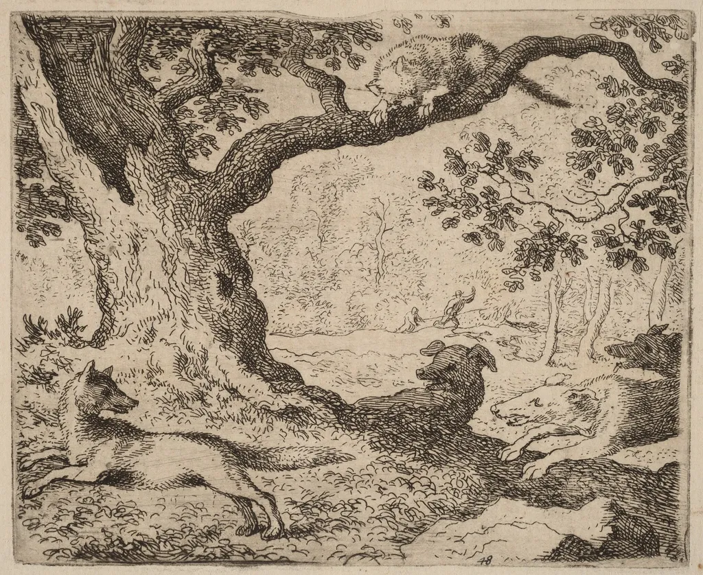 Reynard's Father and the Cat Pursued by Hounds, by Allart van Everdingen, ink, 1650