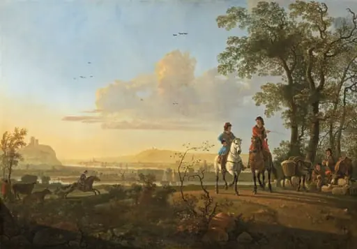 Horsemen and Herdsmen with Cattle, by Aelbert Cuyp, oil, 1658