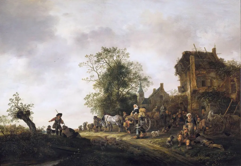 Travellers before an Inn, by Isaac van Ostade, oil, 1645