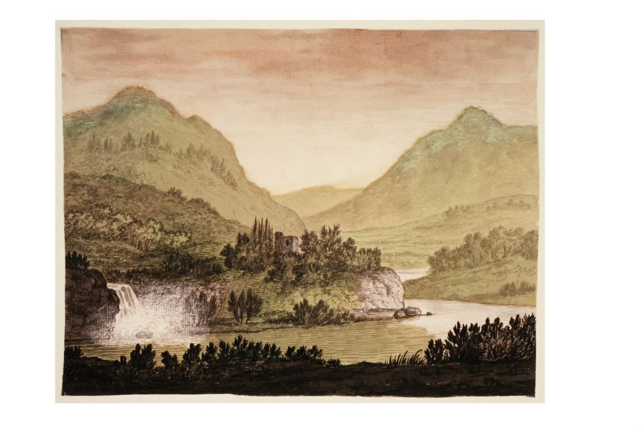 Mountainous Landscape with a Castle and Waterfall, detail