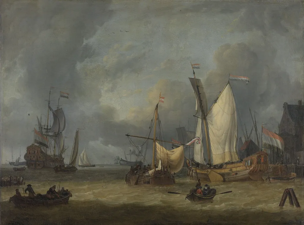 A Storm (Ships in the Harbor in a Stiff Breeze), by Jan Claesz Rietschoof, oil, 1699