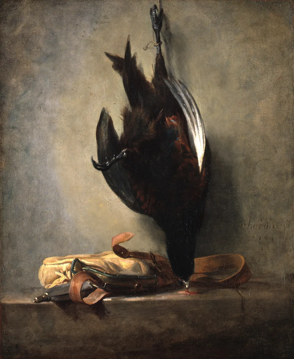 Still Life with a dead Pheasant and a Hunting Bag, by Jean-Baptiste-Siméon Chardin, oil, 1760
