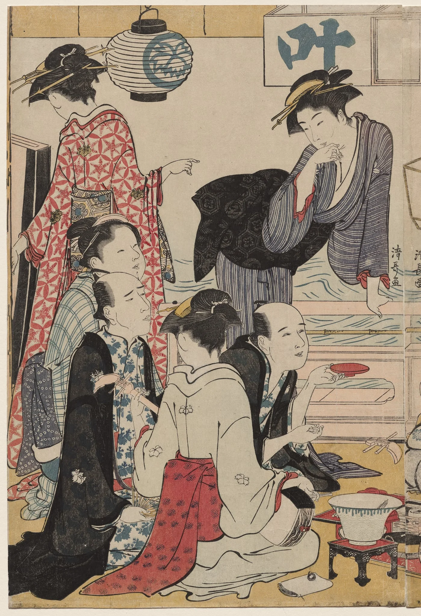 Entertainment on a Balcony by the Water at Nakasu, from the series, A Collection of Beautiful Modern Women of the Pleasure Quarters, detail