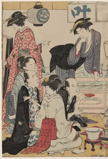 Entertainment on a Balcony by the Water at Nakasu, from the series, A Collection of Beautiful Modern Women of the Pleasure Quarters, by Torii Kiyonaga, 1783