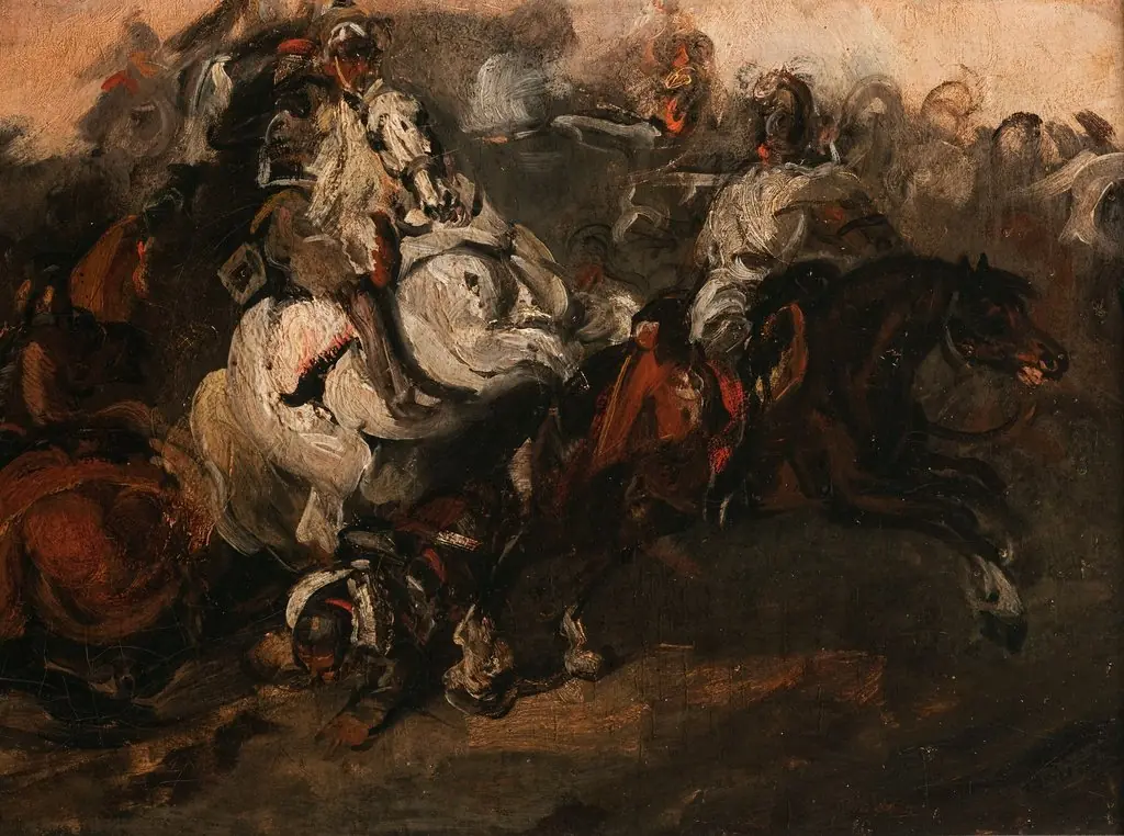 Encounter of Cuirassiers, by Piotr Michałowski, oil, 1837