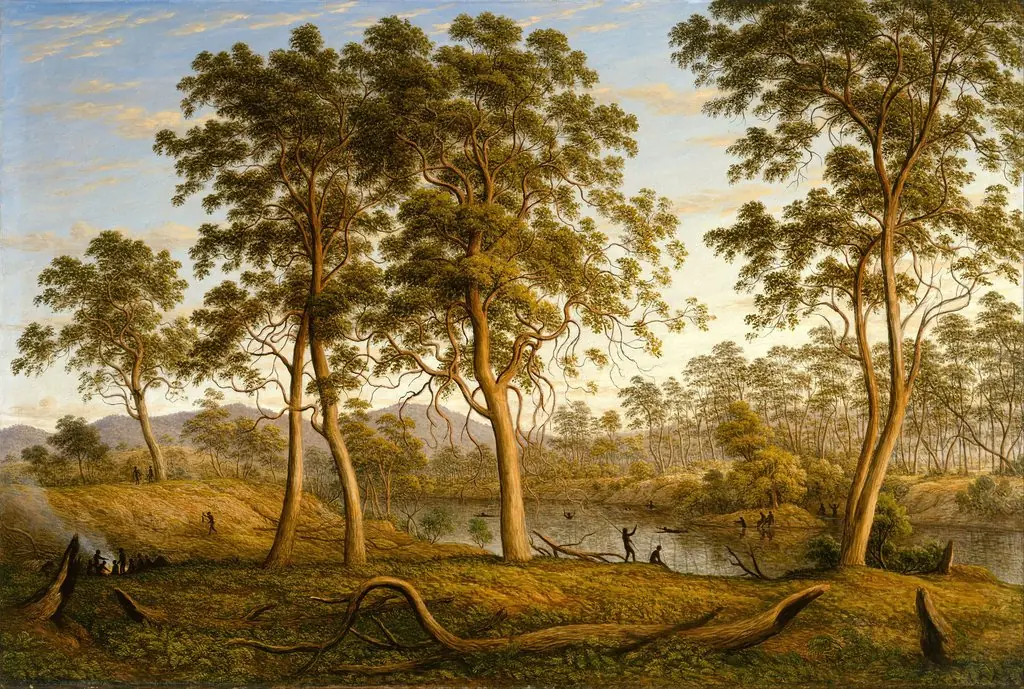 Natives on the Ouse River, Van Diemen's Land, by John Glover, oil, 1838