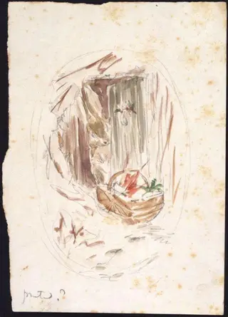 Rabbit opening a door to find a basket of food, including carrots, by Beatrix Potter, watercolor, 1894