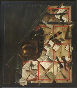 Trompe l'oeil. Letter Rack with a Barber-Surgeon's Instruments, by Cornelis Norbertus Gijsbrechts, oil, 1668
