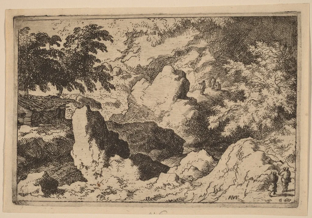 Three Men on a Rock, by Allart van Everdingen, ink, 1650