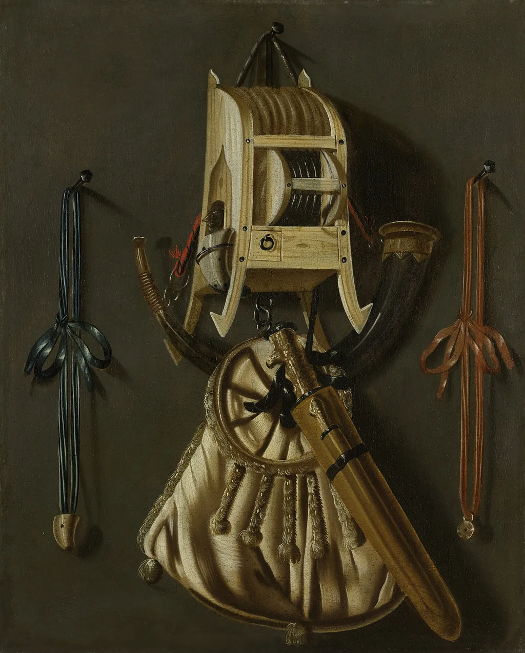 Still life with hunting implements, by Johannes Leemans, oil
