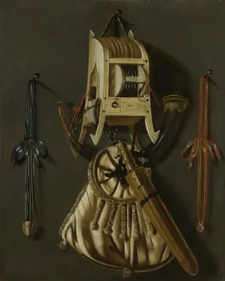 Still life with hunting implements, by Johannes Leemans, oil