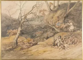 Sportsmen in a wood, by Alken, watercolor, 1805