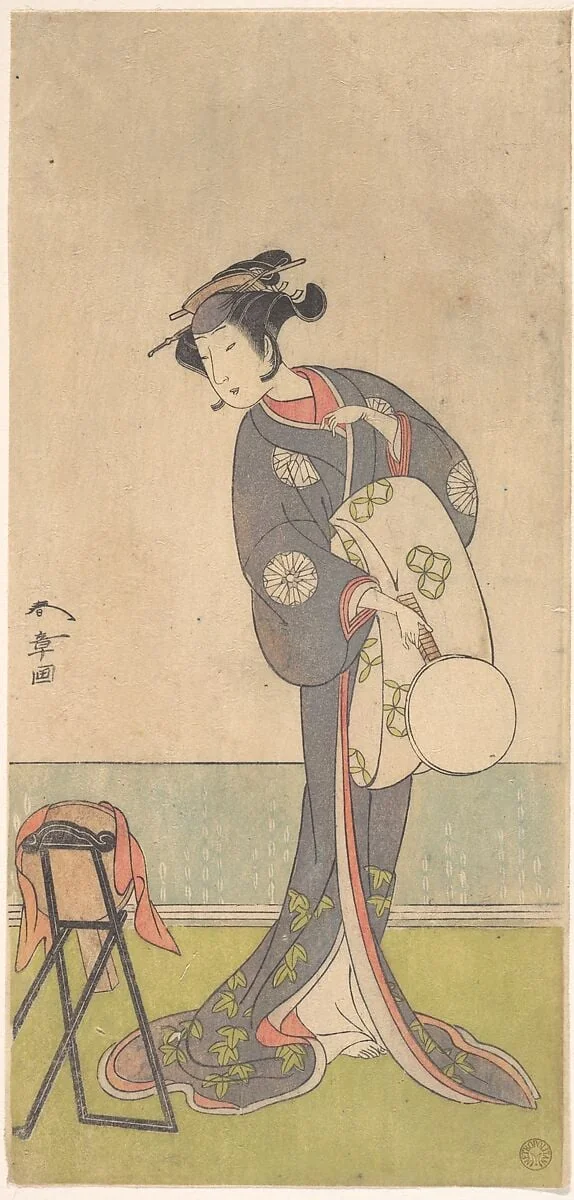 鳥高斎栄昌画 「丁子屋畧見世」|The First Nakamura Tomijuro as an Oiran Standing in a Room, detail