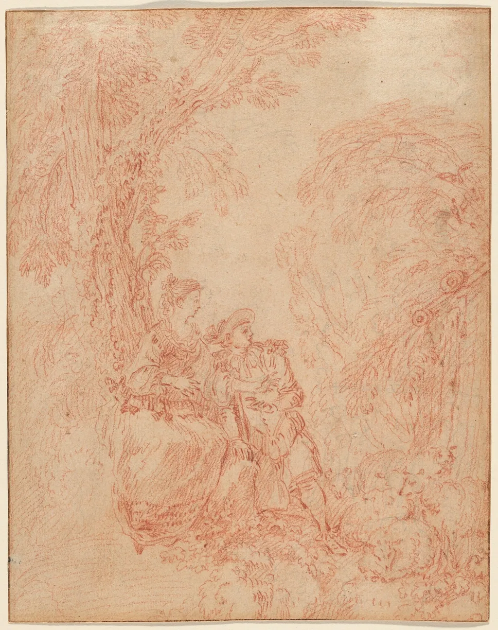 A Shepherd and Shepherdess Seated under a Tree, by Jean Antoine Watteau, chalk, 1710