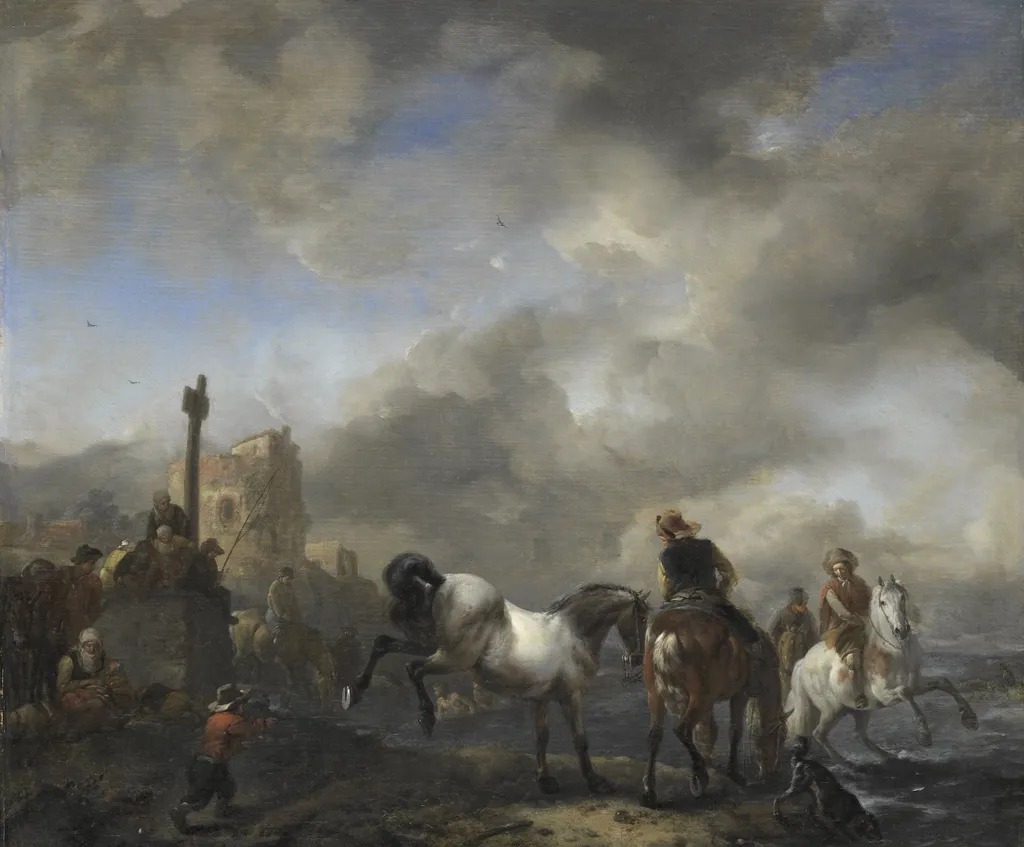 Horsepond near a boundary stone, by Philips Wouwerman, oil, 1650