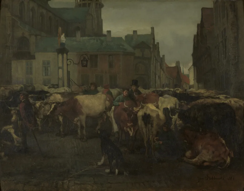 The Cattle Market in Antwerp, by Jan Stobbaerts, oil, 1861