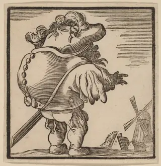 Hunchback Gazing at a Windmill, by H. Numan, ink, 1770